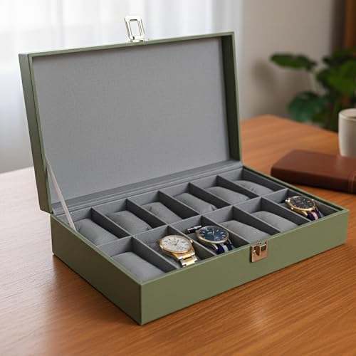 Image of MDF Unisex Faux Leather Watch Organiser Box with 12 Slots | Color: Green