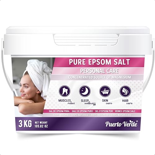 Puerto Verde • Sal de Epsom Pura 3 Kg. Fuente Concentrada de Magnesio. Sal de Baño y Cuidado Personal. Sales Epsom de Rápida Disolución para Relajación Muscular y Buen Sueño. Producción Española.