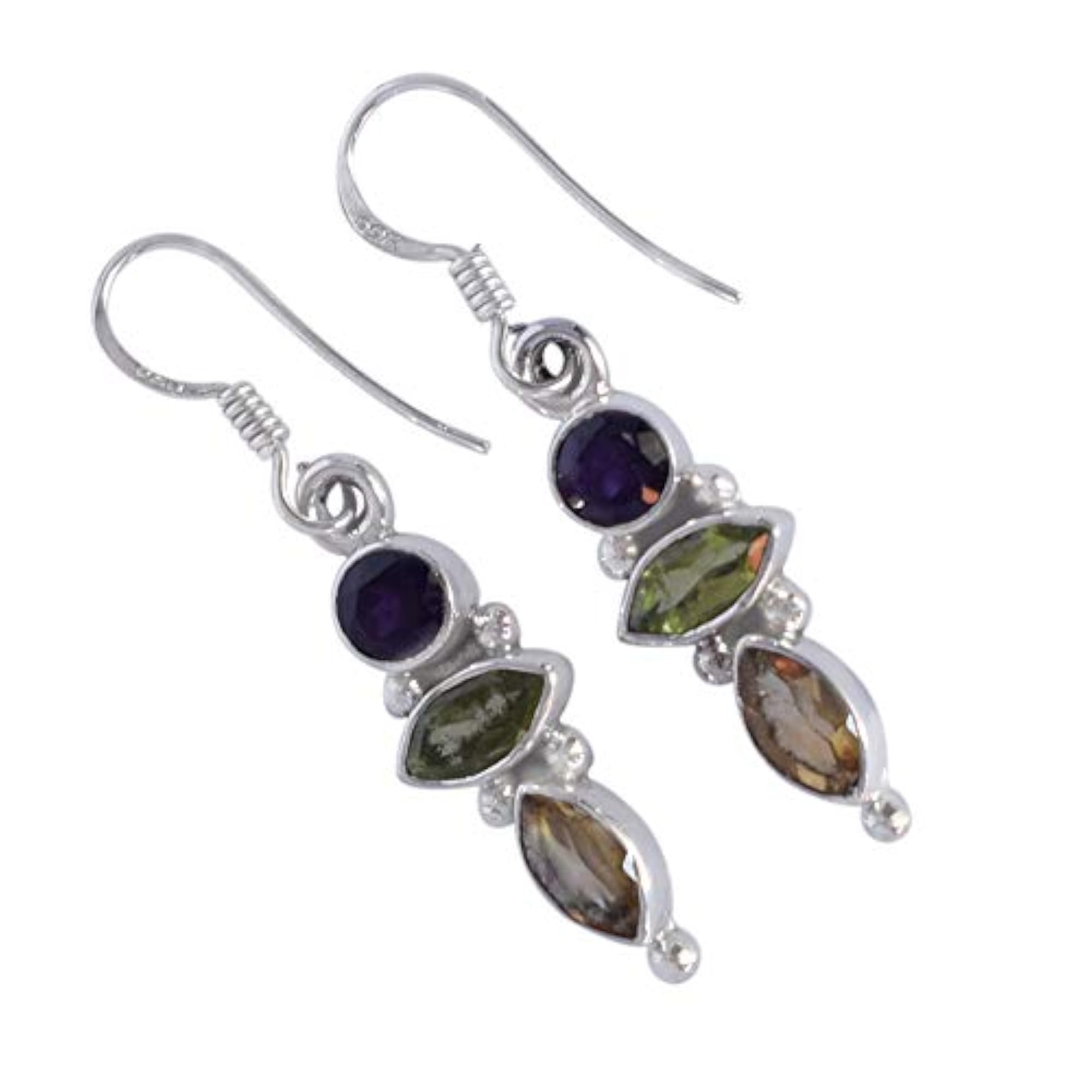 Amethyst & Citrine Birthstone 925 Sterling Silver Dangle Earrings