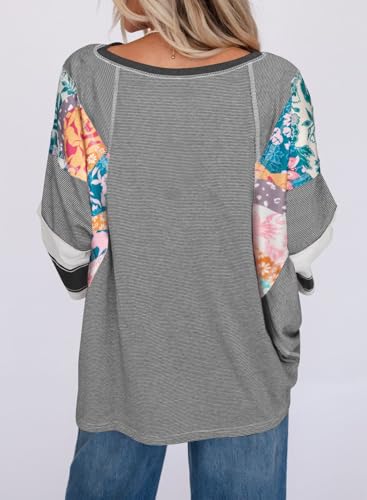 EVALESS 3/4 Length Sleeve Womens Tops Dressy Casual 2025 Fall Crew Neck Oversized Striped Patchwork Shirts Blouse3