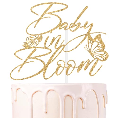 Gold Glitter Baby in Bloom Cake Topper, A Little Butterfly is on the Way/Sweet Baby, Butterfly Spring Flower Themed Baby Shower Party Decorations Supplies