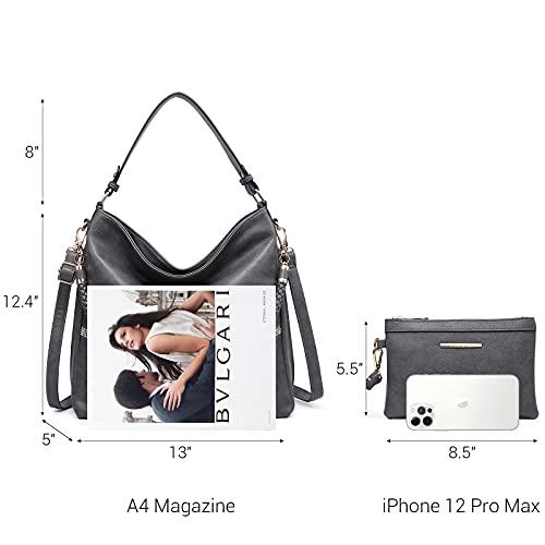 Dasein Hobo Handbags For Women Purses Vegan Leather Shoulder Bags Bucket Purse Large Tote Set With Long Strap (Dark Grey) #TOP3