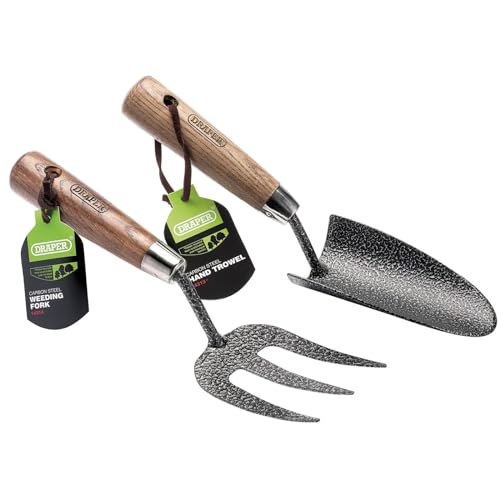 Draper 2 Piece Carbon Steel Garden Tools Set | Hand Fork and Trowel Set |Ash Handle Heavy Duty Gardening Tools | 83776