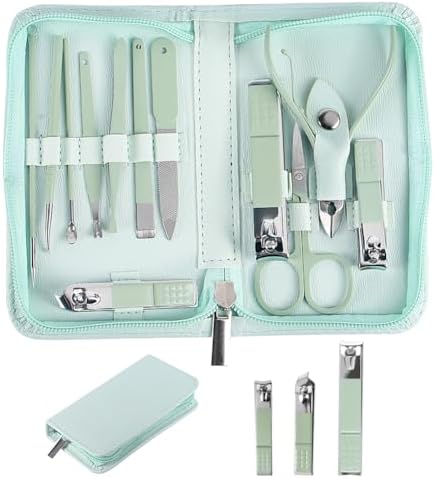 PHOELUX Grooming Kit Manicure Set 12 in 1 Stainless Steel Nail Clipper Set, Facial, Hand, Foot Care, Nail Clippers, Nail File, Cuticle Nail Care Tools for Men and Women with Leather Case (Green)