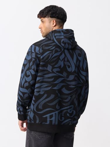 Image of The Souled Store Calligraphy Men and Boys Full Sleeves Hooded Neck Black and Blue All Over Print Cotton Blend Fleece Drop Shoulder Everyday Streetwear Oversized Fit Pullover Hoodie