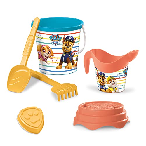 Mondo Paw Patrol 28243 Bucket Set Can 17 cm Diameter with Jug for Water-Beach Toy (6 Pieces) for Children, Yellow and Red, ø17 cm