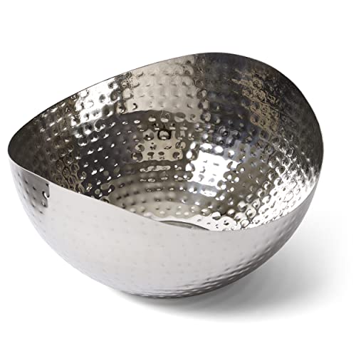 Large Decorative Bowl, Stainless Steel Salad Serving Fruit Bowl, Hammered Centerpiece Bowl (10” Round)