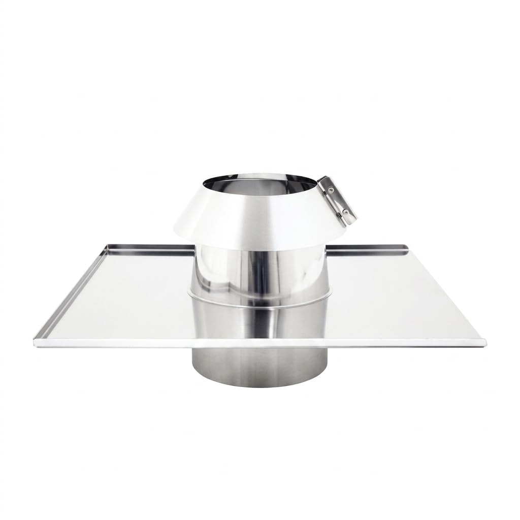 MAKA Faldale Piano con Scossalina per Canna Fumaria in Acciaio Inox, Passaggio Tetto Piano con Fascia Parapioggia (Ø 130 mm, Inox)