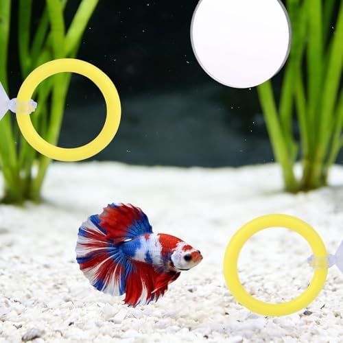 Fukaisu Betta Fish Tank Accessories Set, Includes 1 Fish Mirror with Floating Ball 2 Exercise Training Rings & Feeding Ring Feeder Decor Enrichment Toys for Betta Aquarium (Yellow) — view 6