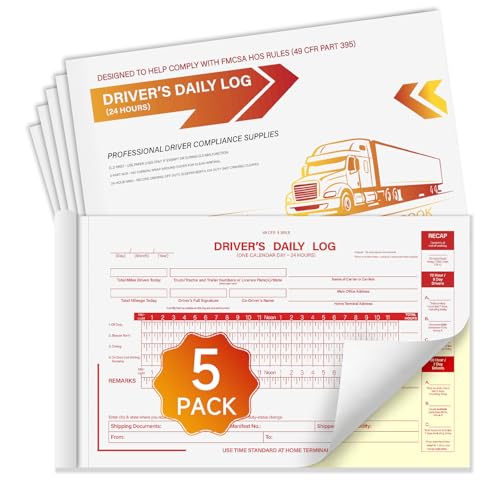 Log Book for Truck Drivers – Daily HOS Log Book with 7 & 8 Day Recap, 2-Ply Carbonless, 35 Sets per Book, 5-Pack, 5.5