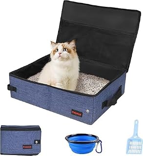 折りたたみ猫トイレ 蓋付き L サイズ 50×40×15cm ポータブル猫用トイレ、防災避難/地震対策、防水撥水・お手入れ簡単！トイレスコップ + 折りたたみボウル付属、旅行・車載・キャンプに最適。猫・小型犬用セカンドトイレ、コンパクト軽量で使い勝手 (ブルー, L サイズ （50×40×15cm）)