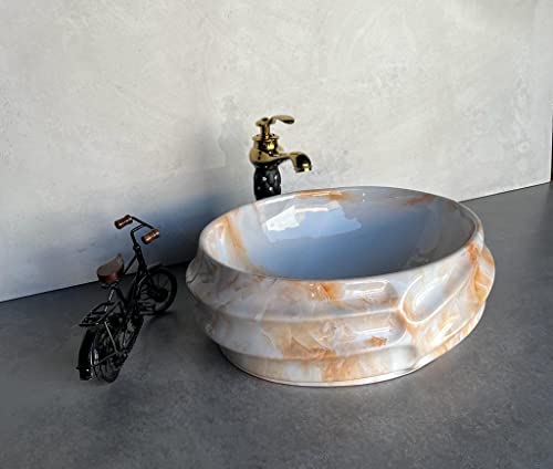 Image of Designer Glossy Finish Ceramic Art Table Top Wash Basin For Bathroom | Collapsible Countertop Washbasin (Black White Glossy Art, 16 x 13 x 6 Inch)