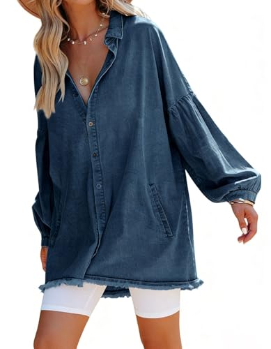 Image of loveimgs Women Oversized Distressed Denim Button Down Shirt Tunic Dress Flowy Mini Jean Dress with Pockets