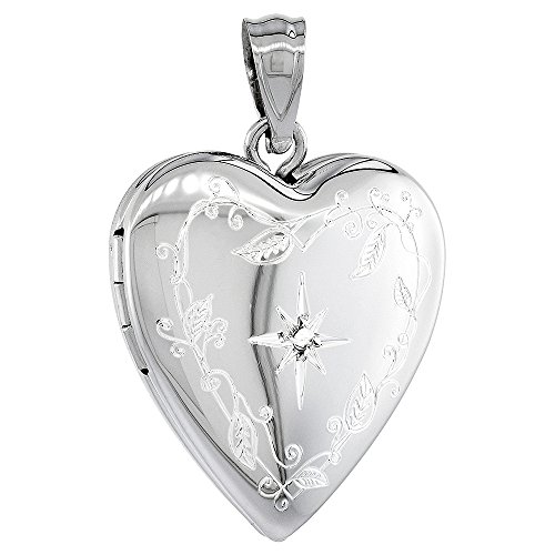3/4 Inch Sterling Silver Diamond Heart Locket Necklace For Women Engraved Star 24 Inch Rl_30H #TOP2