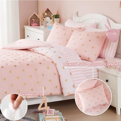 Wink Deer Twin Comforter Set with Sheets for Girls-5 Pieces Twin Bedding Sets with Pink White Gradient Ombre Comforter, Sheets, Pillowcase & Sham for Kids (Gold Heart, 66" X 86") by Wink Deer - Image 5