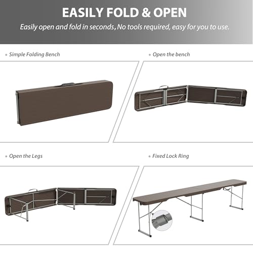 Candockway 6ft Plastic Folding Bench with Carrying Handle & Lock, Portable Outdoor Bench in Garden Picnic Camping Dining Party Seat, Waterproof Bench for Soccer Activities, Ratten Patterned(2 Pack) - Thumbnail 6