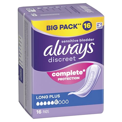 Image of Always Discreet Incontinence Pads, Long, Plus, 16 Towels, Bigger Pack, Odour Neutraliser, for Sensitive Bladder