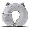 MissSoul Kids Neck Pillow for Travel with Sleep Eye Mask, Cute Travel Neck Pillow, Memory Foam Flight Sleeping Headrest Pillow for Boys & Girls, Airplane, Train, Car, Home Use - Grey Cat