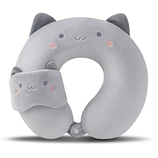MissSoul Kids Neck Pillow for Travel with Sleep Eye Mask, Cute Travel Neck Pillow, Memory Foam Flight Sleeping Headrest Pillow for Boys & Girls, Airplane, Train, Car, Home Use - Grey Cat