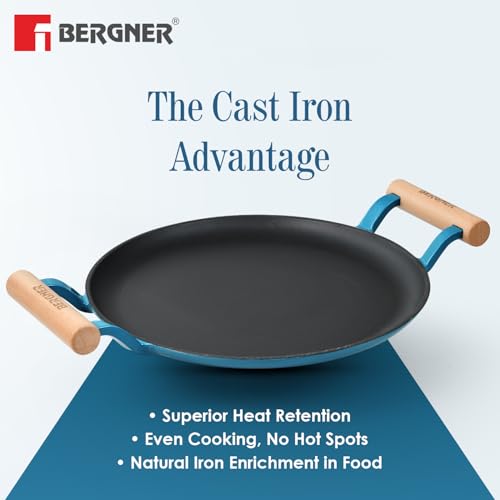 Image of BERGNER Excalibur Lightweight Cast Iron Dosa Tawa 28cm, Double Sided Sturdy Handle, Non-Stick Coating, PFAS Free, Perfect Heat Distribution, Elegant Design - Induction Compatible (Blue)