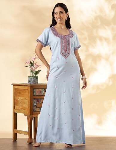 Image of 9shines Label Stylish Alpine Nighty Maxi for Women | Full Length Trendy Nightgown | Premium Nightdress | Nightwear | Heavy Embroidery Nighty with Pockets(2891)