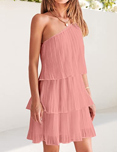 Image of ZESICA Women's Boho Summer One Shoulder Sleeveless Ruffle Tiered Layered Chiffon Pleated A Line Flowy Mini Dress