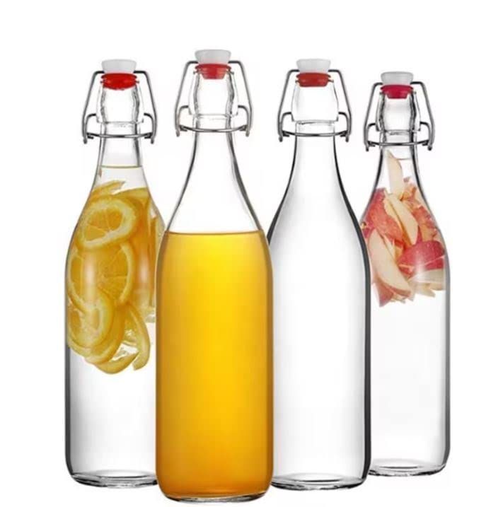 Image of Flip Glass Bottles to store homebrew, oil, vinaigrette, wines, beer, teas, Swing Top Easy Cap Clear, Round, 1000 ml, Set of 2, Clear.