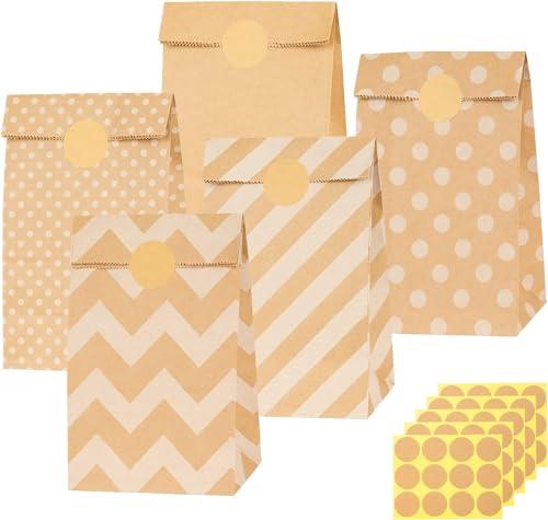 50 Stück Papiertüten Braun, 13 x 24 x 8cm Geschenktüten Braun Tüten Papier mit 60 Aufkleber, Papiertüten zum Verpacken von Weihnachtsgeschenken, Giveaways, Kindergeburtstagen