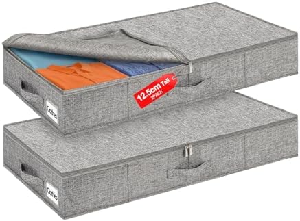 40L 12 cm Tall Shallow Under Bed & Sofa Storage Boxes with Zipped Lids, Slim Underbed Organisers w/Sturdy Sides and Base, Thin Fabric Storage for Clothes, Duvets and Bedding, 2 Pack, Grey