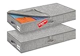 Huquter 40L 12 cm Tall Shallow Under Bed & Sofa Storage Boxes with Zipped Lids, Slim Underbed Organisers w/Sturdy Sides and Base, Thin Fabric Storage for Clothes, Duvets and Bedding, 2 Pack, Grey
