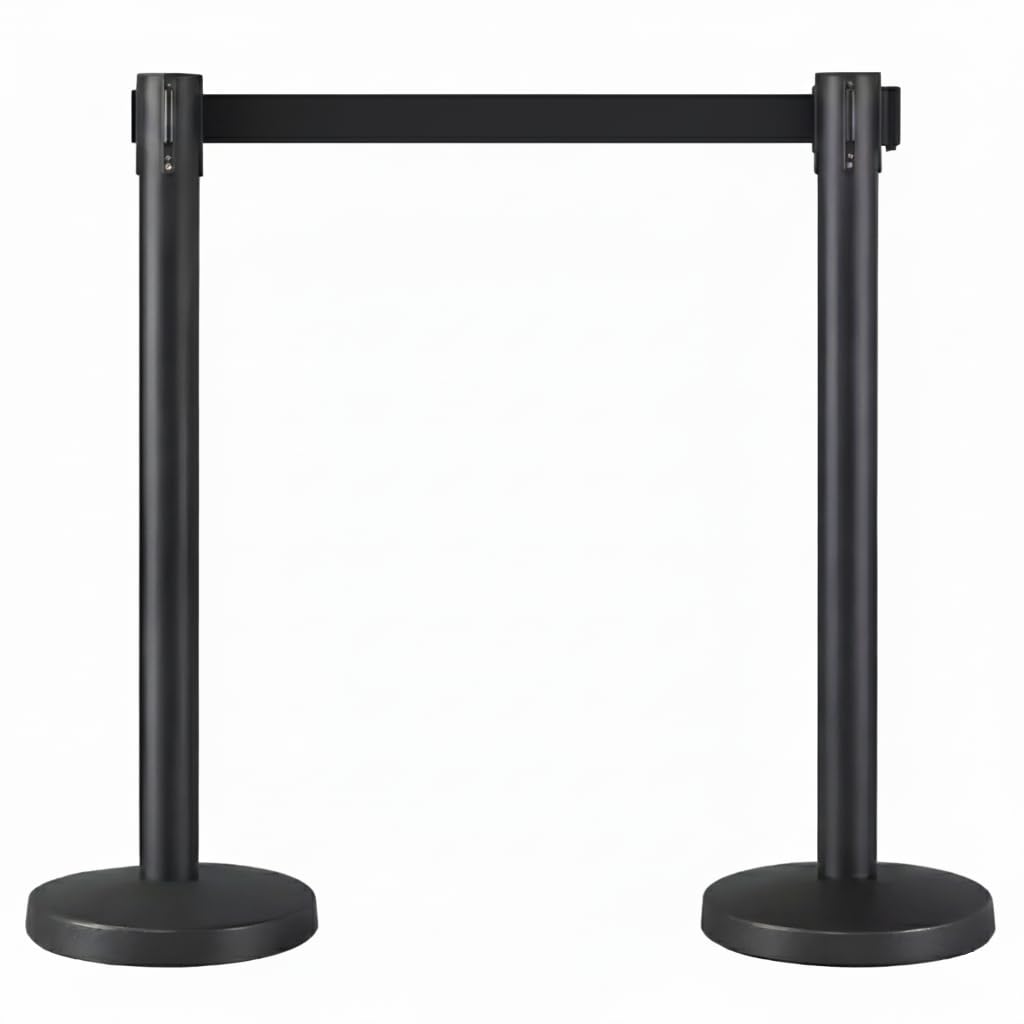 Retractable 3m Belt Barriers Twin Pack - Heavy-Duty Steel Stanchion for Queue & Crowd Control - Freestanding Durable Retractable Safety Barrier (Black Post, Black Belt)