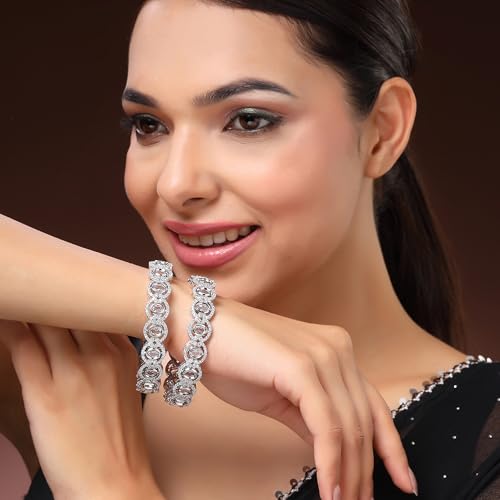 Image of ZENEME Rhodium Plated Silver Toned White American Diamond Studded Bangles Set Of 2 For Women & Girls