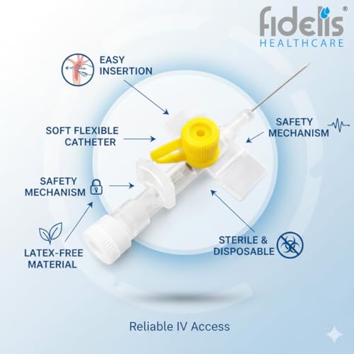 Image of Fidelis Healthcare IV Cannula with Injection Port & Wings | Sterile Disposable IV Catheter | Latex-Free Smooth Flow Intravenous Cannula for Hospital, ICU & Clinical Use