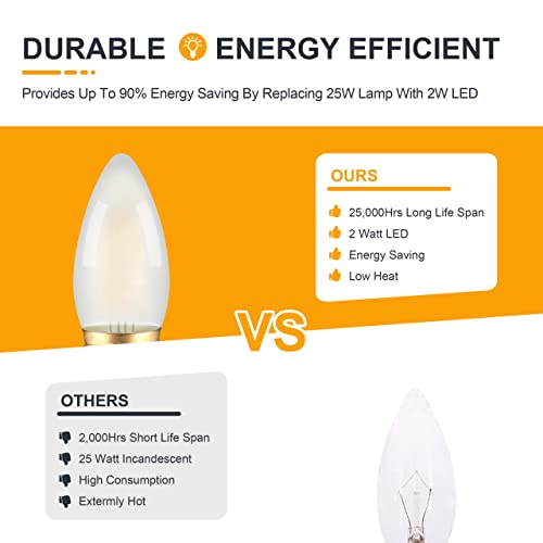 TOKCON Frosted E26 LED Candle Light Bulbs 25W Equivalent- 2W Dimmable Chandelier E26 LED Bulb- 2700K Soft Warm- B11 Antique Candelabra Lightbulbs for Bedroom Pandent, Piano Lamp, Wall Sconce- 6 Count by TOKCON - Used condition - Image 4