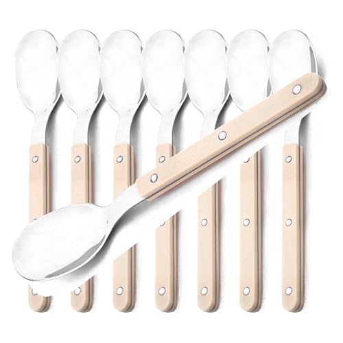 Snplowum 8pcs Dinner Spoons, Stainless Steel Cutlery Spoons With Rivet Design Acrylic Handles, Soup Salad Egg Custard Spoons Silverware, Retro White Silver, 8.26 Inch