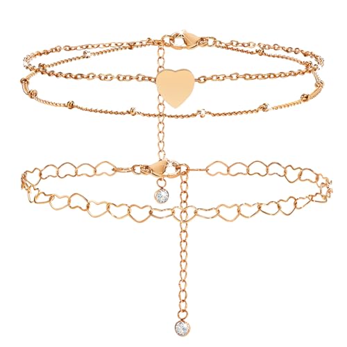 FLHEART Bracelets de Cheville pour Femme Acier Inoxydable Réglable - Chaine de Cheville Femmes Or Rose,Longueur Chaîne 21+5cm avec Pendentif Coeur Bracelet...