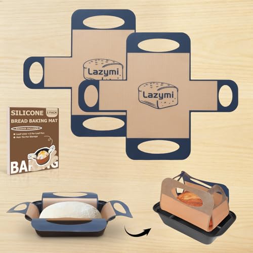Lazymi Silicone Loaf Tin Liners: 2 Pack Reusable Baking Mats for 2lb Loaf Pans with Handles - Non-Stick Bread Sling for 9 x 5 Inch Bread Baking - Dark Grey