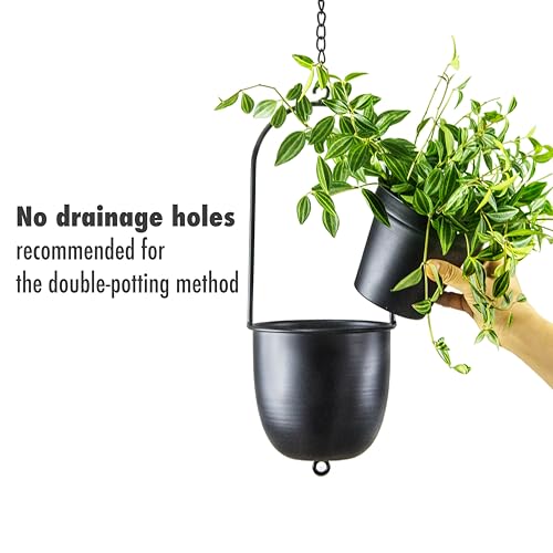Image of Metal Hanging Planters Set of 2 with 6 Inch Oval Pots - Stackable and Connectable Plant Hangers - Black Modular Wall and Ceiling Mount Holders for Indoor and Houseplants
