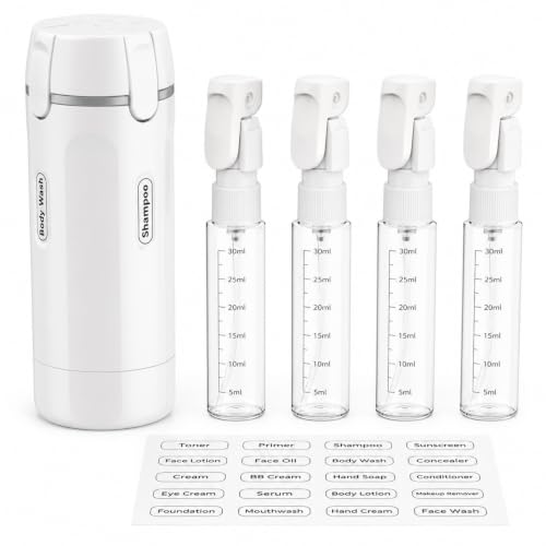 Image of 4 in 1 Travel Dispenser Bottle, TSA Approved Leak Proof Refillable Travel Toiletry Containers, 4x30ml Bottles for Shampoo,Oil,Lotion,Body Wash,Travelling Accessories Kit for Women,Men (White)