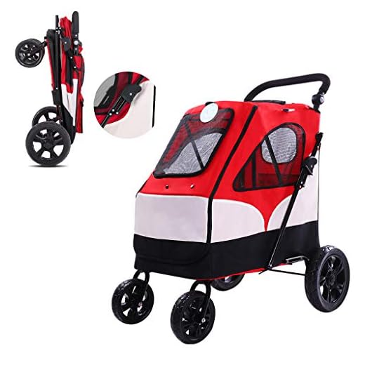 OMLTER Large Space Collapsible Pet Stroller, 3-Wheel Mesh Large Dog and Cat Stroller, Suitable for Travel Pet Stroller,Red