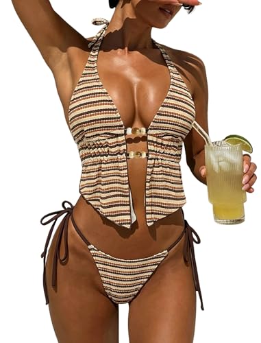 Image of ZAFUL Halter Swimsuits for Women Textured Backless 2 Piece Bathing Suits Cheeky High Cut String Tie Side Bikini Sets