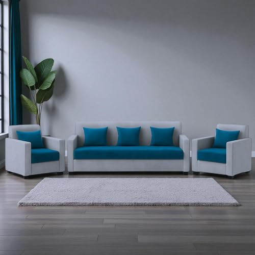 Image of FURNY Rion 5 Seater Fabric 3+1+1 Sofa Set (Aqua Blue-Light Grey) Premium Velvet Finish | Durable & Comfortable | Ideal for Living Rooms
