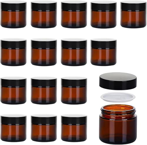 Pot Cosmétique - Petit Pot Verre pour Voyage (Pack de 16, 60ml) - Boîte cosmétique vide avec couvercle et cuillères en plastique - Contenant Vide Cosmetique en Verre & Protection UV
