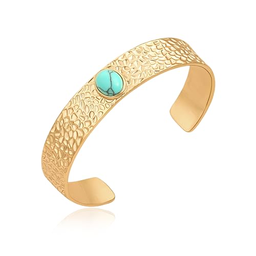 Image of Aobei Pearl Turquoise Bangle Bracelet for Women - 18K Gold Hammered Wide Cuff with Oval Turquoise Stone - Adjustable