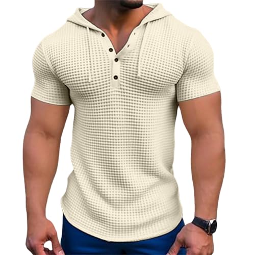 Men's Waffle Knit Hoodies Short Sleeve Drawstring Sweatshirts Solid Color Quarter Button Shirts Muscle Fit T Shirts