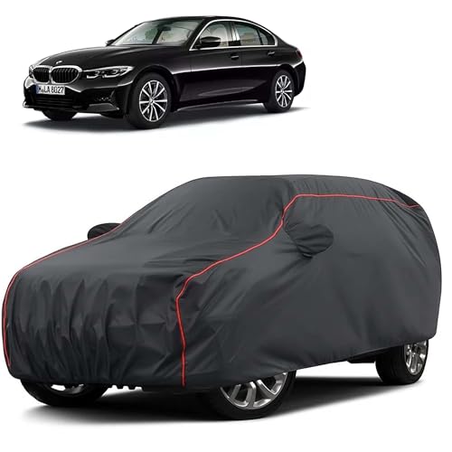 Image of Sulfar 100% Water Resistant Car Body Cover Compatible with Mirror for BMW 320D (Triple Stitched, Full Bottom Elastic, Dark Grey Taffeta with Red Piping)