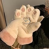 ESTINTENG Winter Warmth, Cute Plush And Thick Bear Claw Gloves, Cycling Lady, Winter Couple Neck Hanging Gloves-White Pink-One size fits all