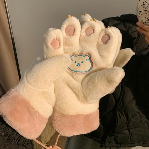 ESTINTENG Winter Warmth, Cute Plush And Thick Bear Claw Gloves, Cycling Lady, Winter Couple Neck Hanging Gloves-White Pink-One size fits all
