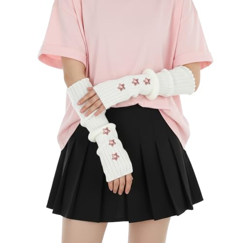 Kawaii Star Arm Warmers Y2k for Girls & Women, Goth Harajuku Style White Arm Warmers, Soft Knit Y2K Long Fingerless Gloves Sleeve, Cute Japanese Lolita Accessories, Warm in Winter Cold Weather