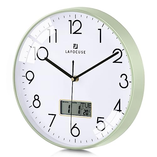 Lafocuse 30cm Reloj de Pared Calendario con Fecha y Termometro Digital LCD, Silencioso Moderno Verde Reloj Cocina Pared, Fácil de Leer sin Tictac para Salon Dormitorio Oficina